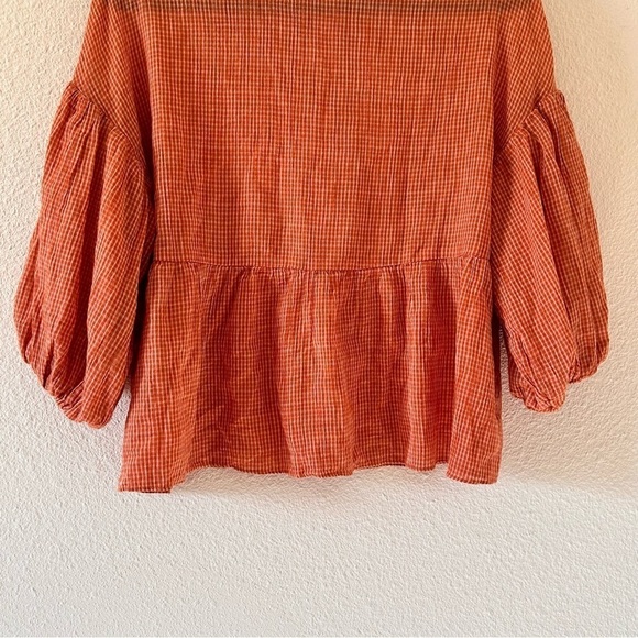 ON BLUE Women Small Boho Bell Sleeve Button Up Cottage Core Oversized Gingham - Picture 11 of 13